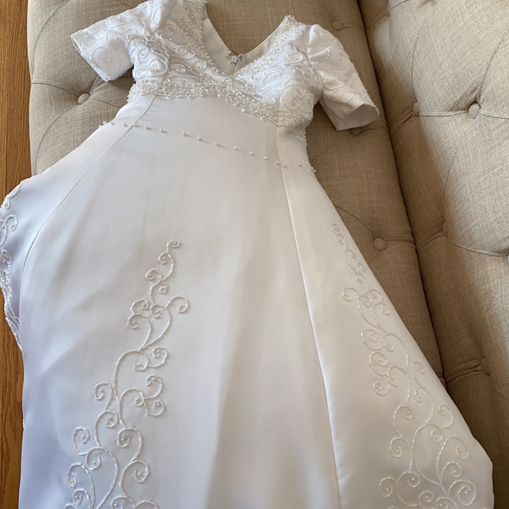 Communion dress with pearls , beautifully done beading white on white !
